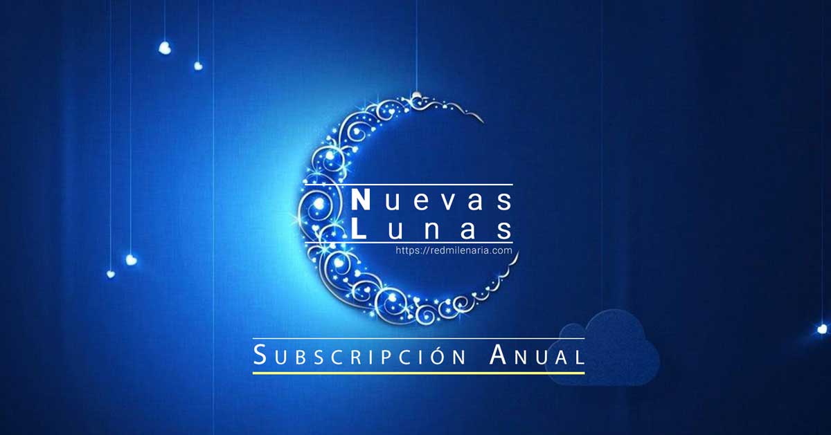 Ilustración de Nueva Luna en azul con reflejos y el texto Subscripción anual