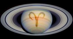 Tránsito de Saturno en Aries - 2025-2028 Foto de Saturno con símbolo de Aries superpuesto. Foto: NASA, ESA and E. Karkoschka (University of Arizona)