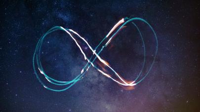 Sinastrías, compatibilidad entre signos astrológicos Ilustración de símbolo infinito en fondo espacial de estrellas