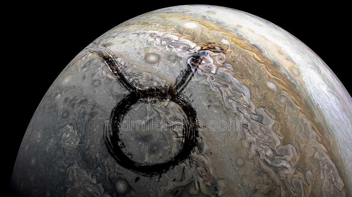 Imagen del planeta Júpiter con el signo de Tauro sobreimpresionado