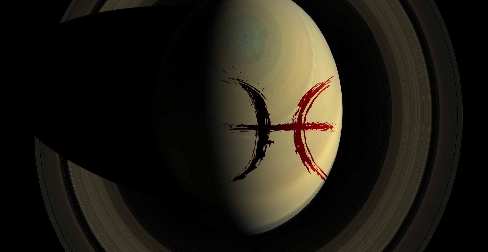 Imagen parcial de Saturno con el símbolo de Piscis sobreimpresionado