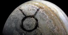 Tránsito de Júpiter en Tauro Imagen del planeta Júpiter con el signo de Tauro sobreimpresionado