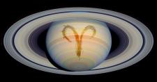 Tránsito de Saturno en Aries - 2025-2028 Foto de Saturno con símbolo de Aries superpuesto. Foto: NASA, ESA and E. Karkoschka (University of Arizona)
